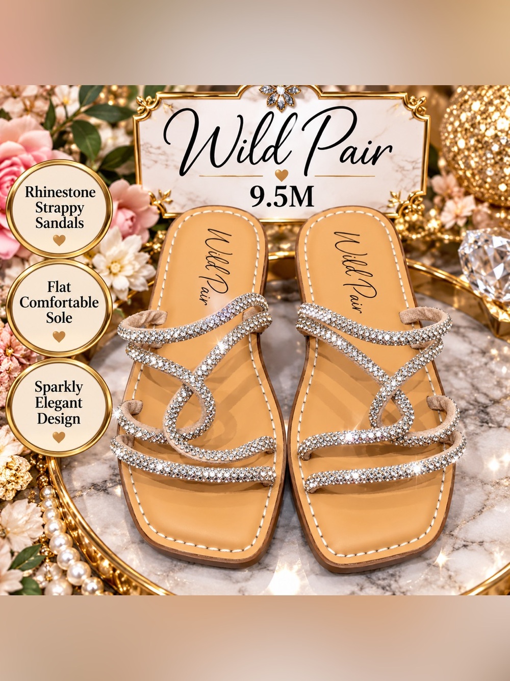 Wild Pair Gabryell Rhinestone Strappy Size9.5 Sparkly Flats Weddings Summer NWOB